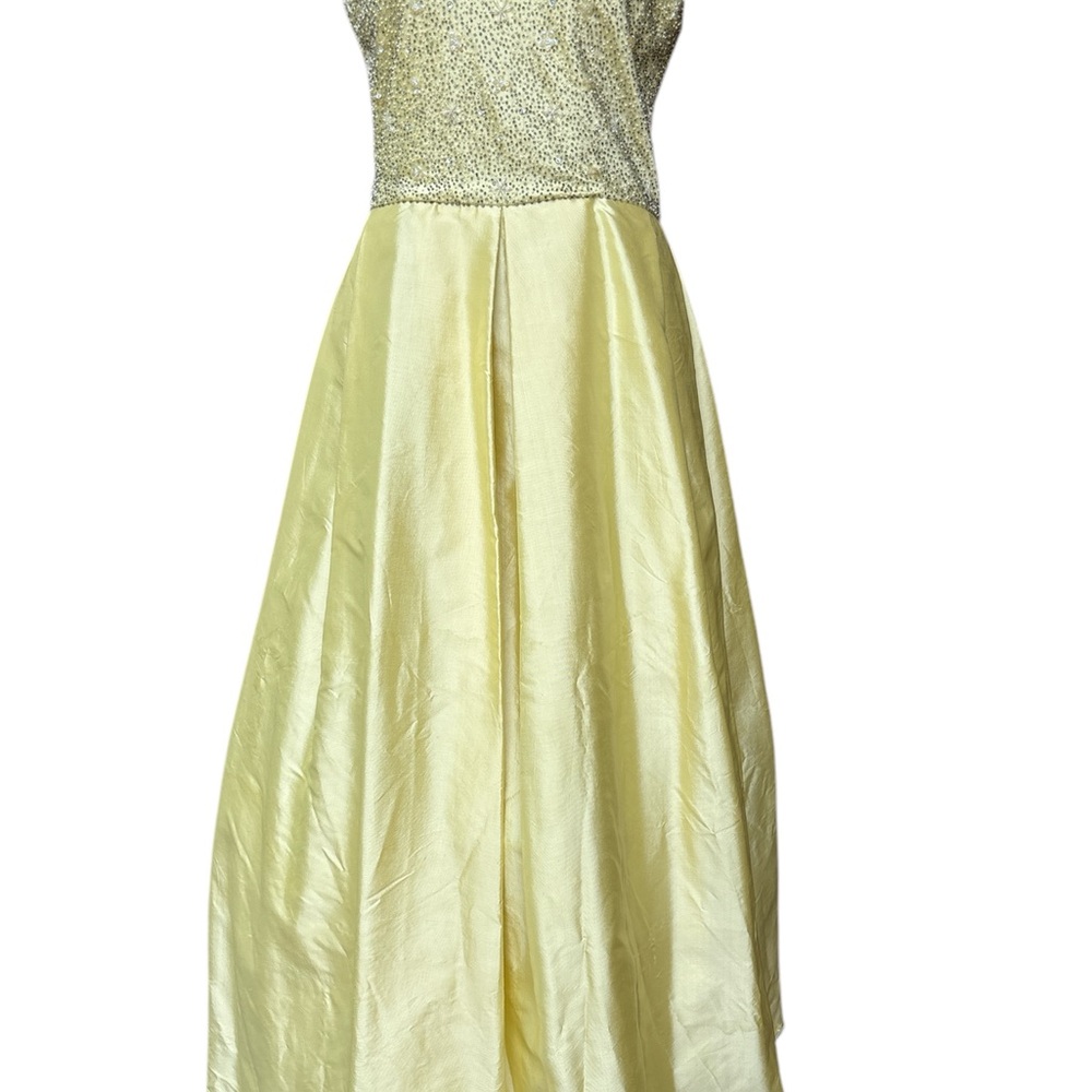 Victoria K Yellow Embellished Pleated Halter Gown